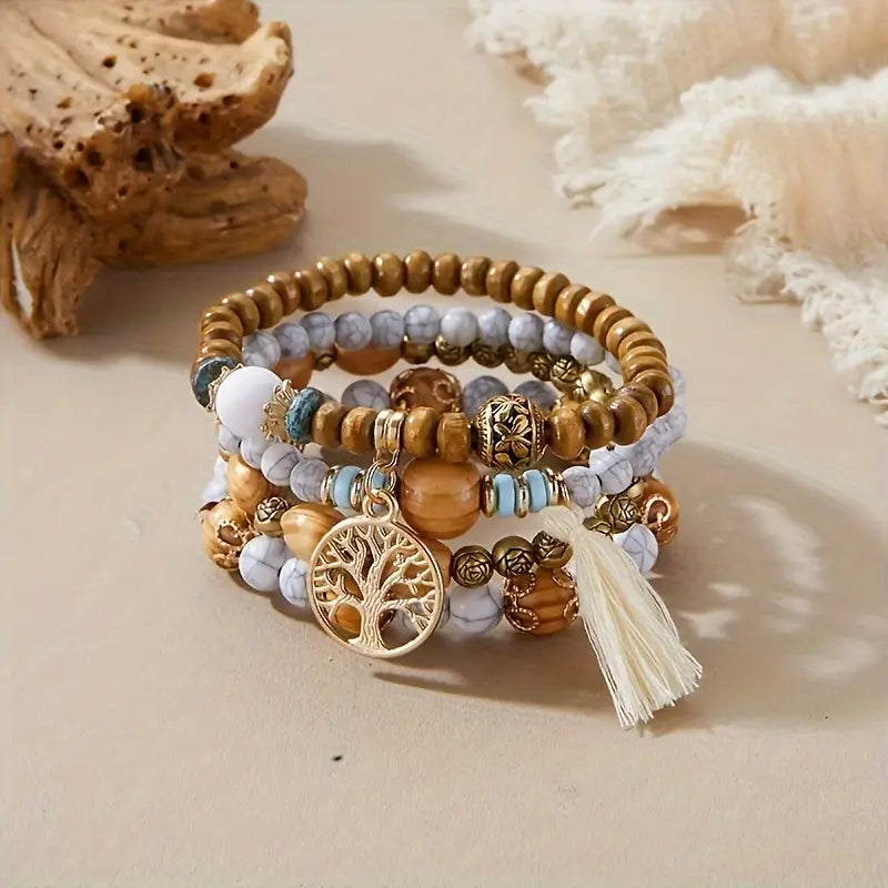 4-Piece Set: Creative Bohemian Bracelet, Layered Beaded Stretchable Bracelet Bracelets White - DailySale