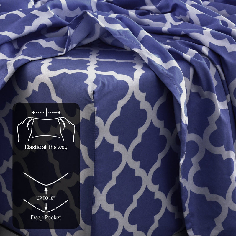 4-Piece Set: Premium Soft Microfiber Deep Pocket Bedding Quatrefoil Bed Sheet Set With Pillow Cases - Lux Decor Collection