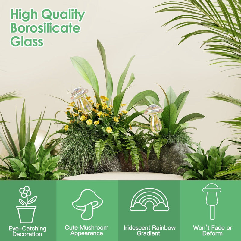 4-Pieces: Clear Glass Plant Watering Globes Iridescent Rainbow Gradient Mushroom Garden & Patio - DailySale