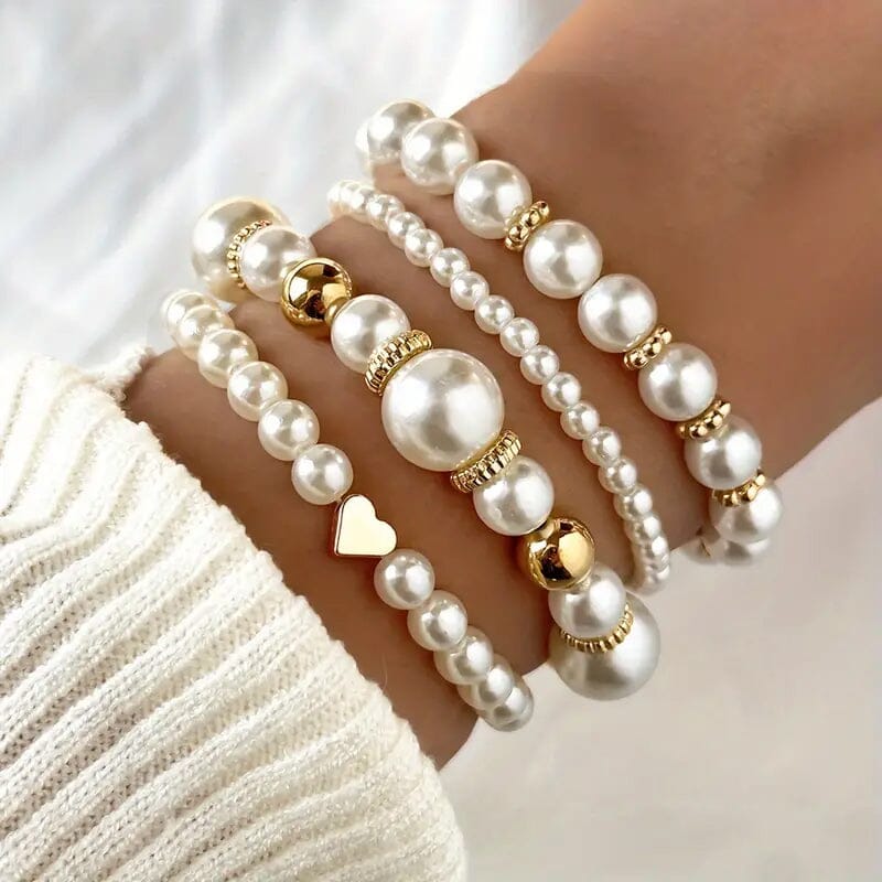 4-Pieces: Elegant White Faux Pearls Beaded Handmade Hand String Jewelry Set Bracelets - DailySale