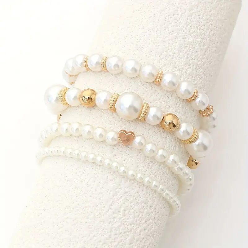 4-Pieces: Elegant White Faux Pearls Beaded Handmade Hand String Jewelry Set Bracelets - DailySale