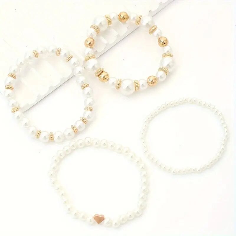 4-Pieces: Elegant White Faux Pearls Beaded Handmade Hand String Jewelry Set Bracelets - DailySale