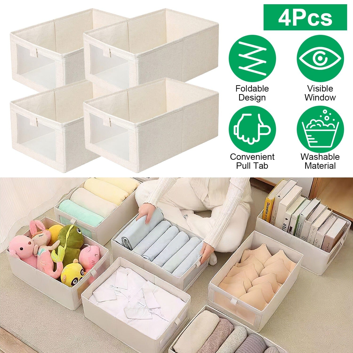 4-Pieces: Foldable Linen Clothing Storage Bin with Visible Clear Window Closet & Storage - DailySale