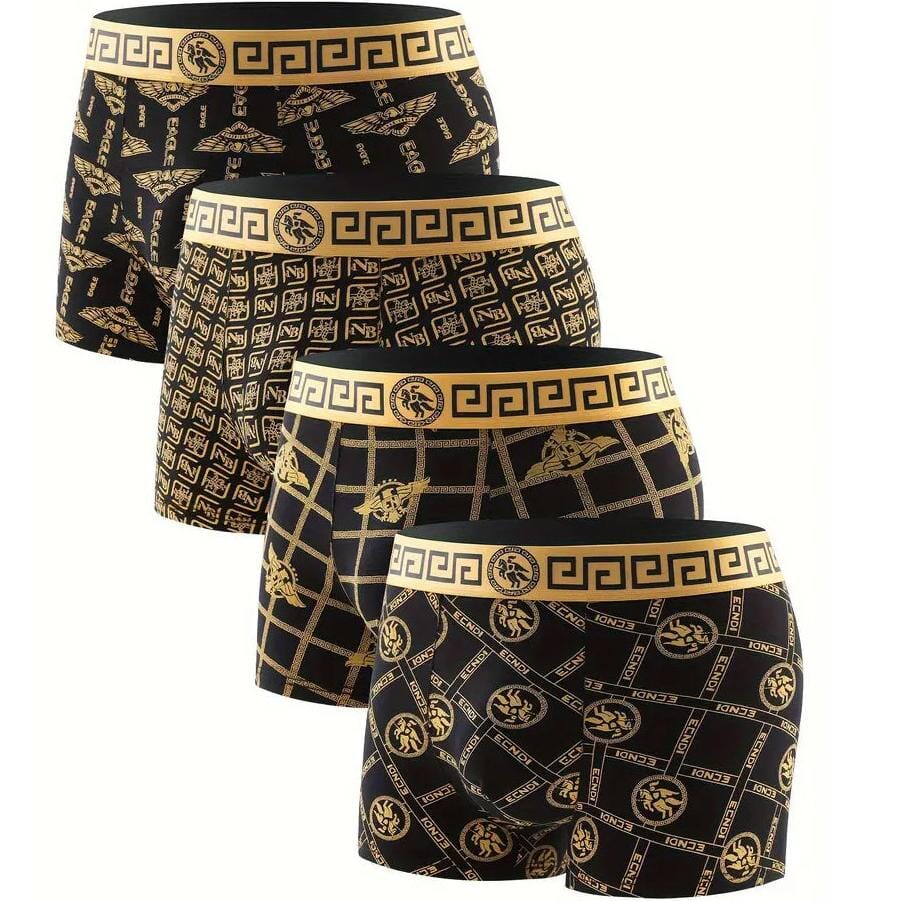 4-Pieces: Men's Luxury Black Golden Print Mid-Waist Boxer Brief Men's Bottoms S - DailySale