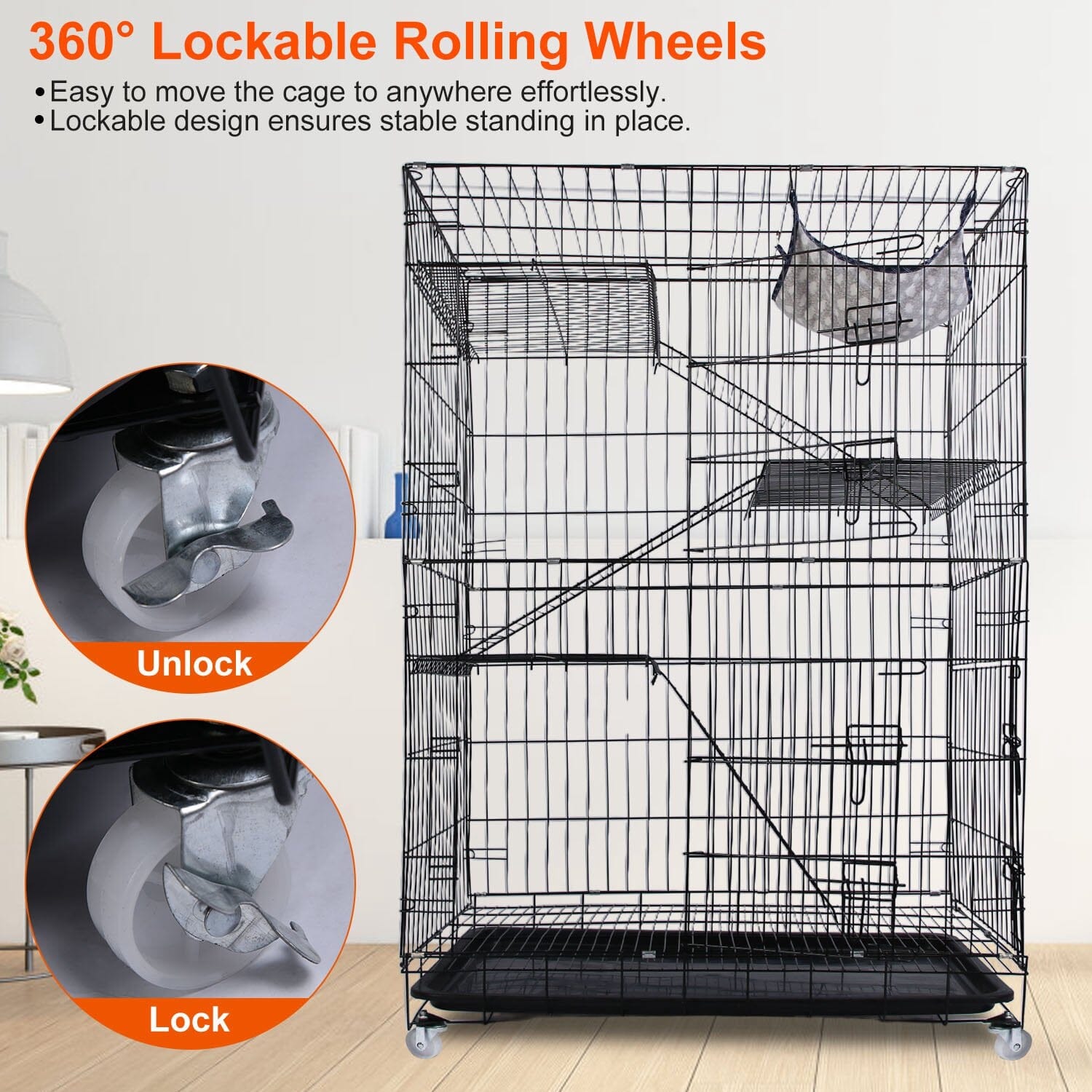 4-Tier Cat Cage with 360° Lockable Wheels, 3 Doors, 3 Ladders and 1 Hammock Pet Supplies - DailySale