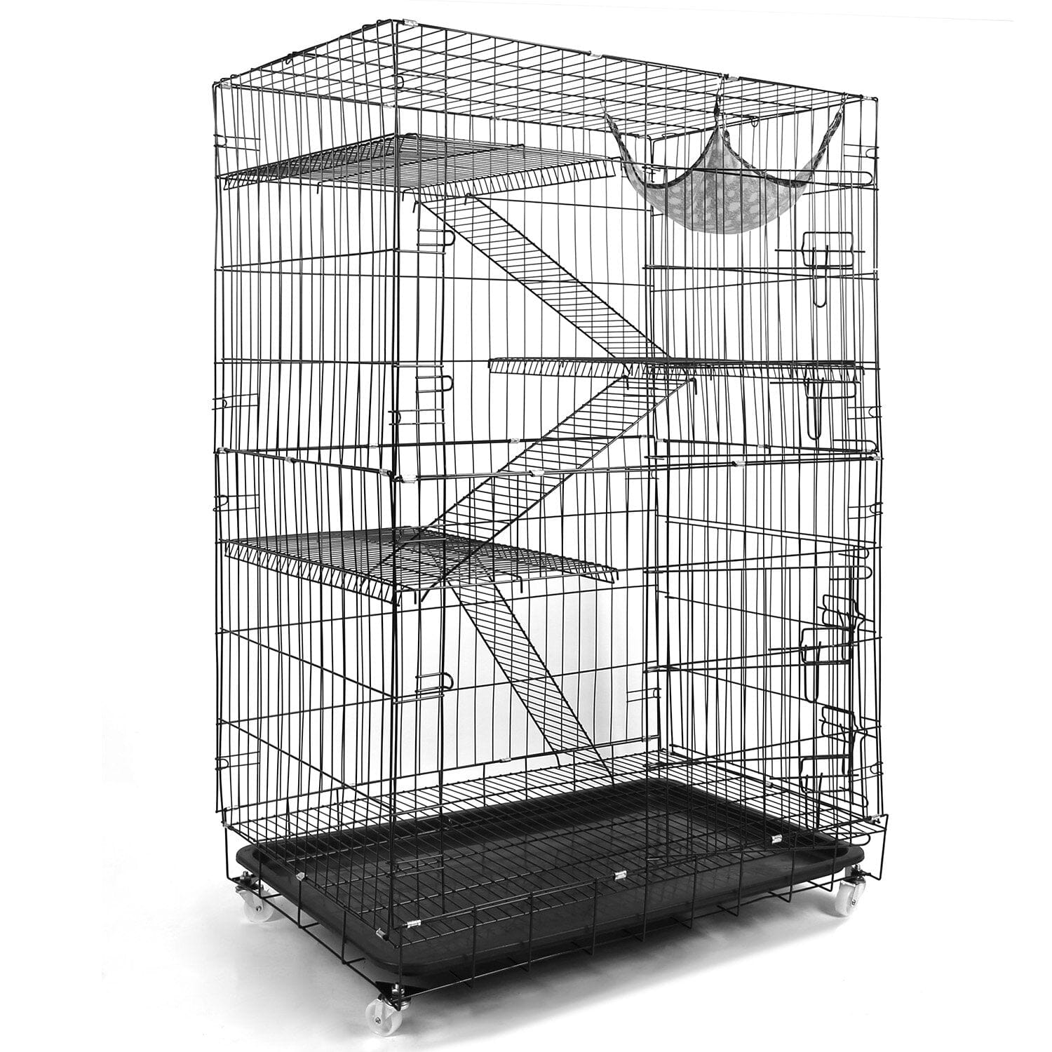 4-Tier Cat Cage with 360° Lockable Wheels, 3 Doors, 3 Ladders and 1 Hammock Pet Supplies - DailySale