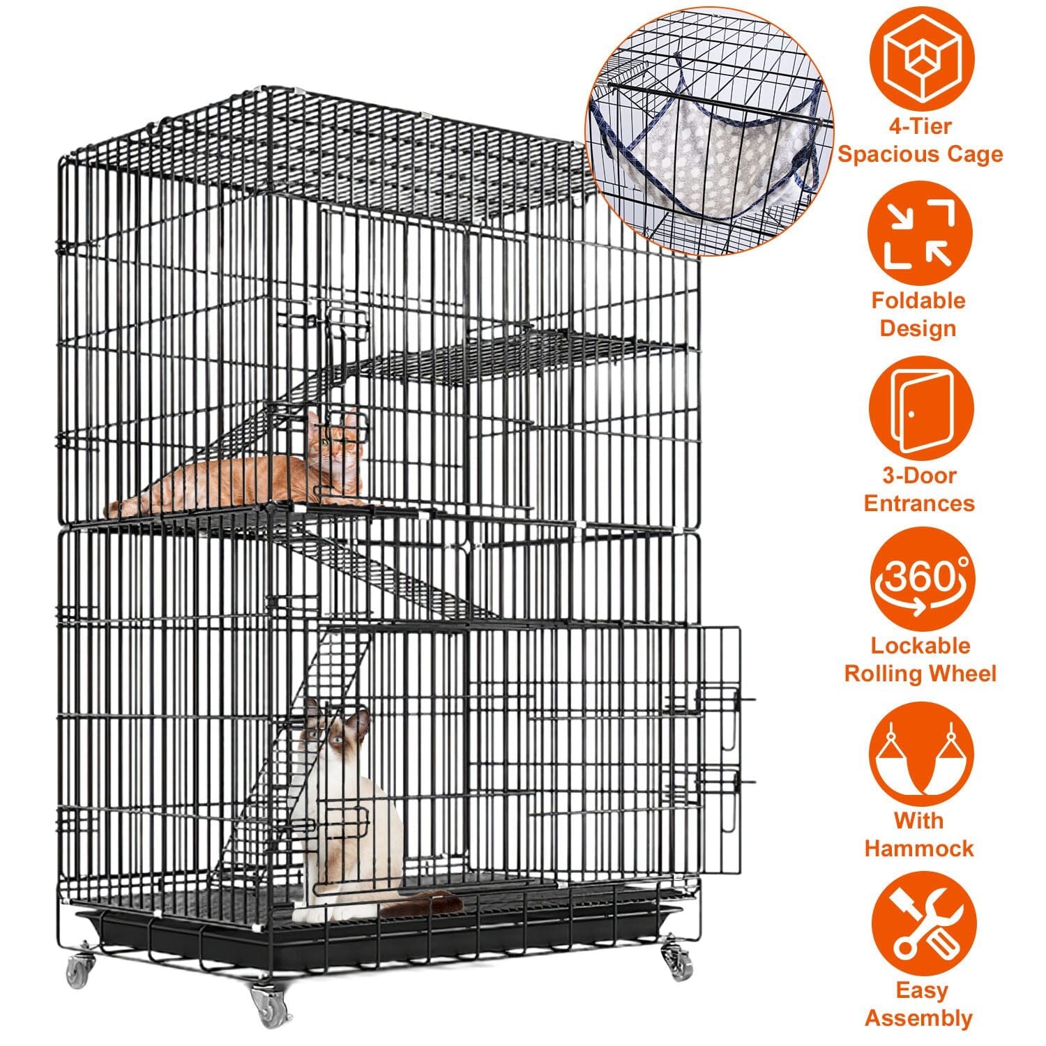 4-Tier Cat Cage with 360° Lockable Wheels, 3 Doors, 3 Ladders and 1 Hammock Pet Supplies - DailySale