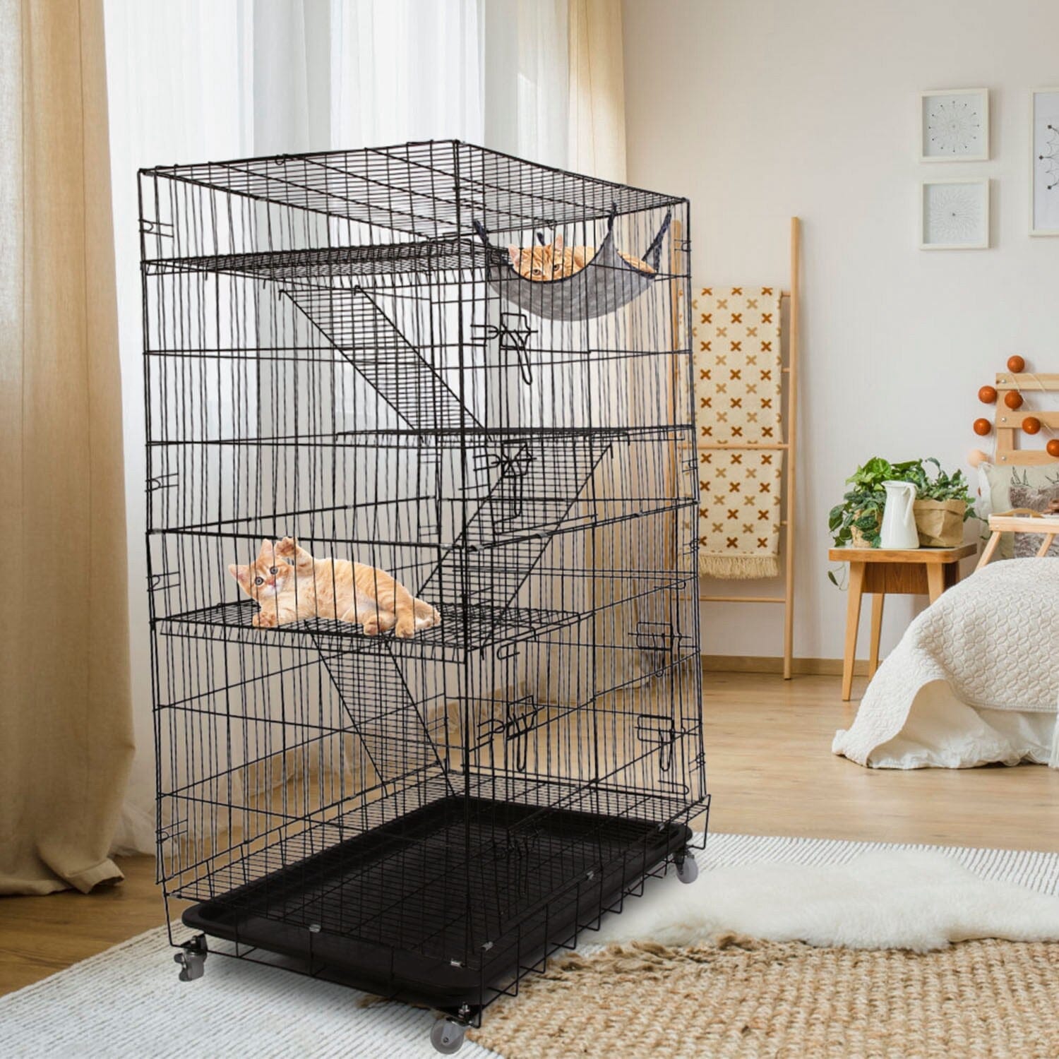 4-Tier Cat Cage with 360° Lockable Wheels, 3 Doors, 3 Ladders and 1 Hammock Pet Supplies - DailySale