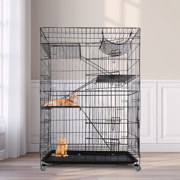4-Tier Cat Cage with 360° Lockable Wheels, 3 Doors, 3 Ladders and 1 Hammock Pet Supplies - DailySale