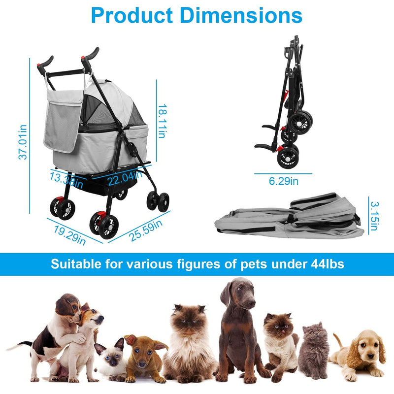 4 Wheels Pet Stroller Foldable with Removable Liner Storage Basket Pet Supplies - DailySale