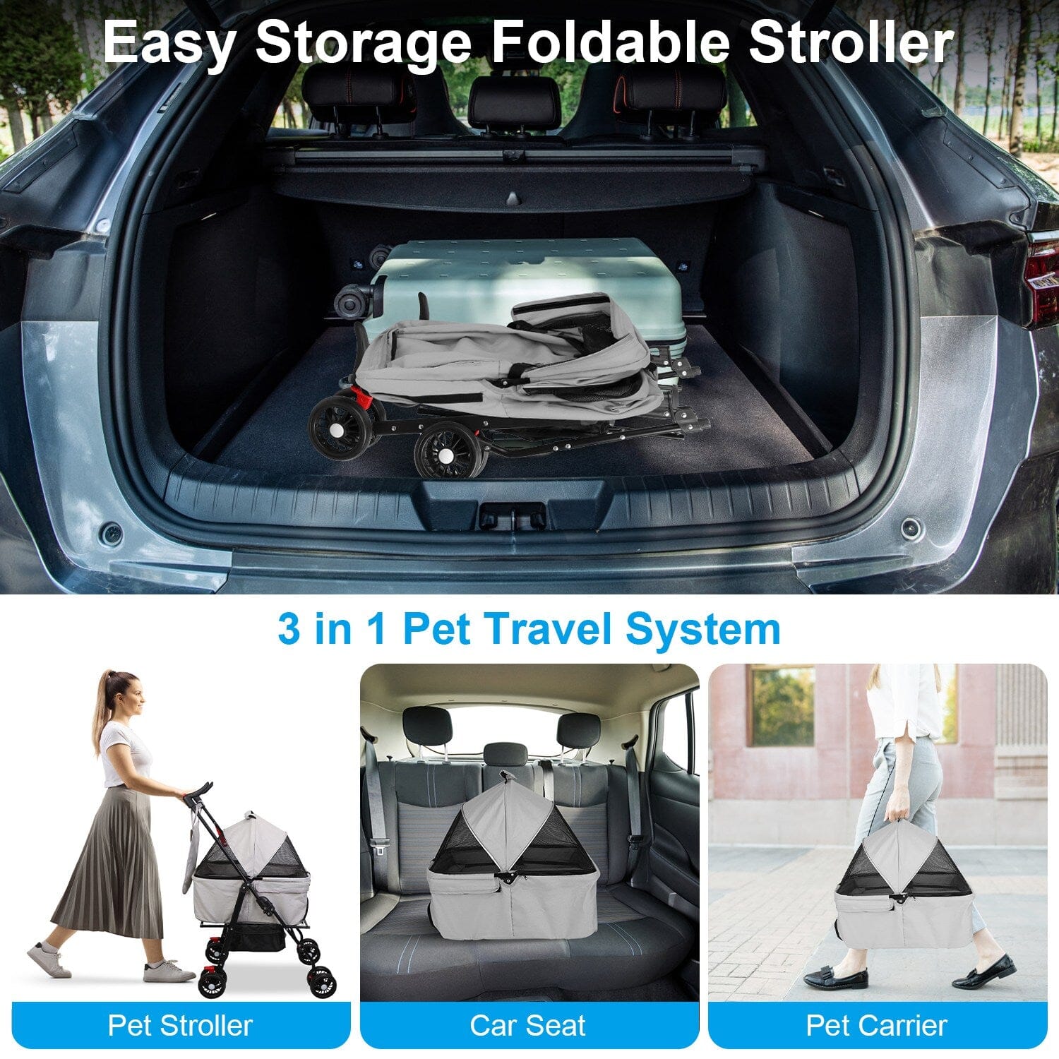 4 Wheels Pet Stroller Foldable with Removable Liner Storage Basket Pet Supplies - DailySale