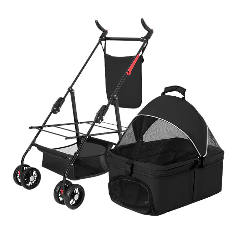 4 Wheels Pet Stroller Foldable with Removable Liner Storage Basket