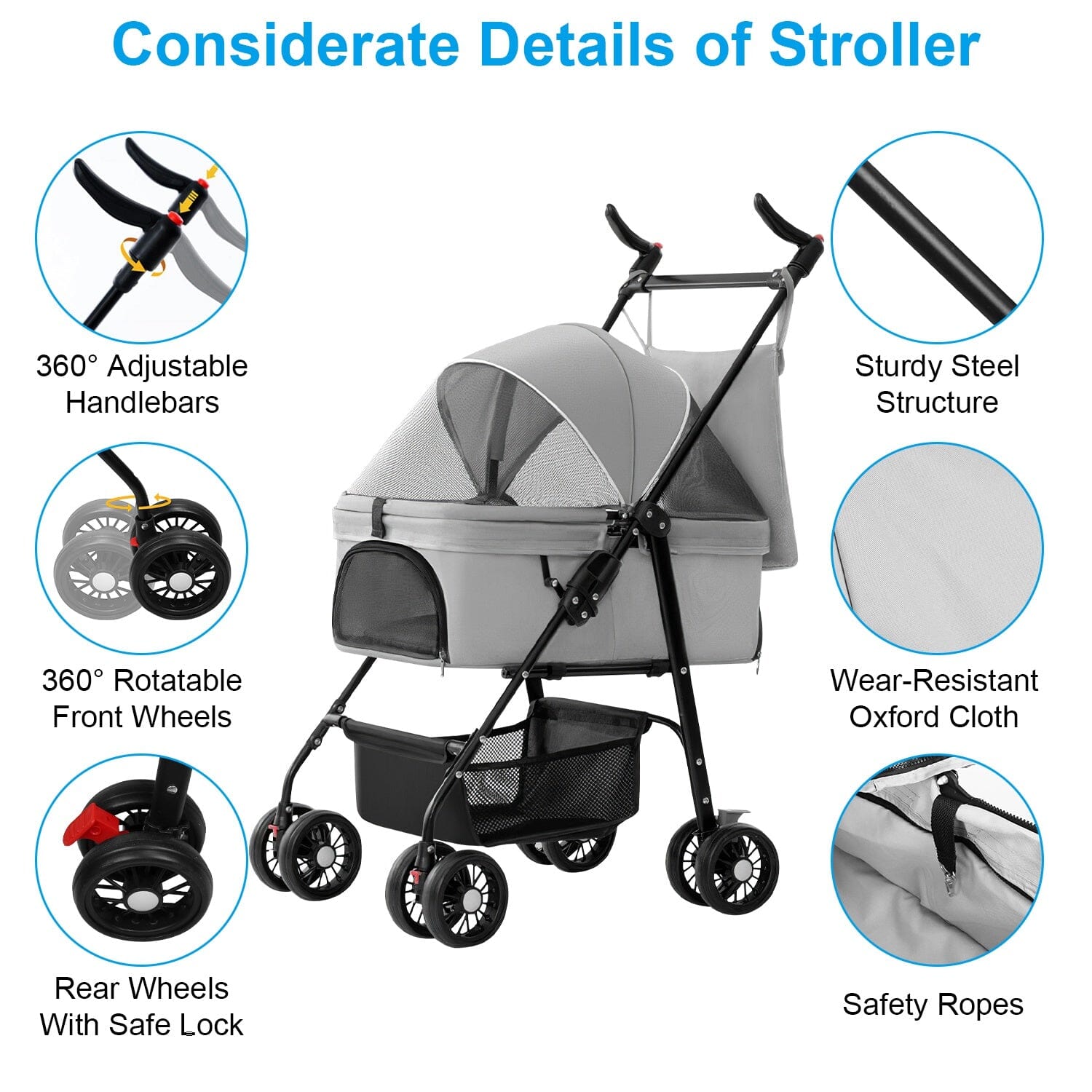 4 Wheels Pet Stroller Foldable with Removable Liner Storage Basket Pet Supplies - DailySale