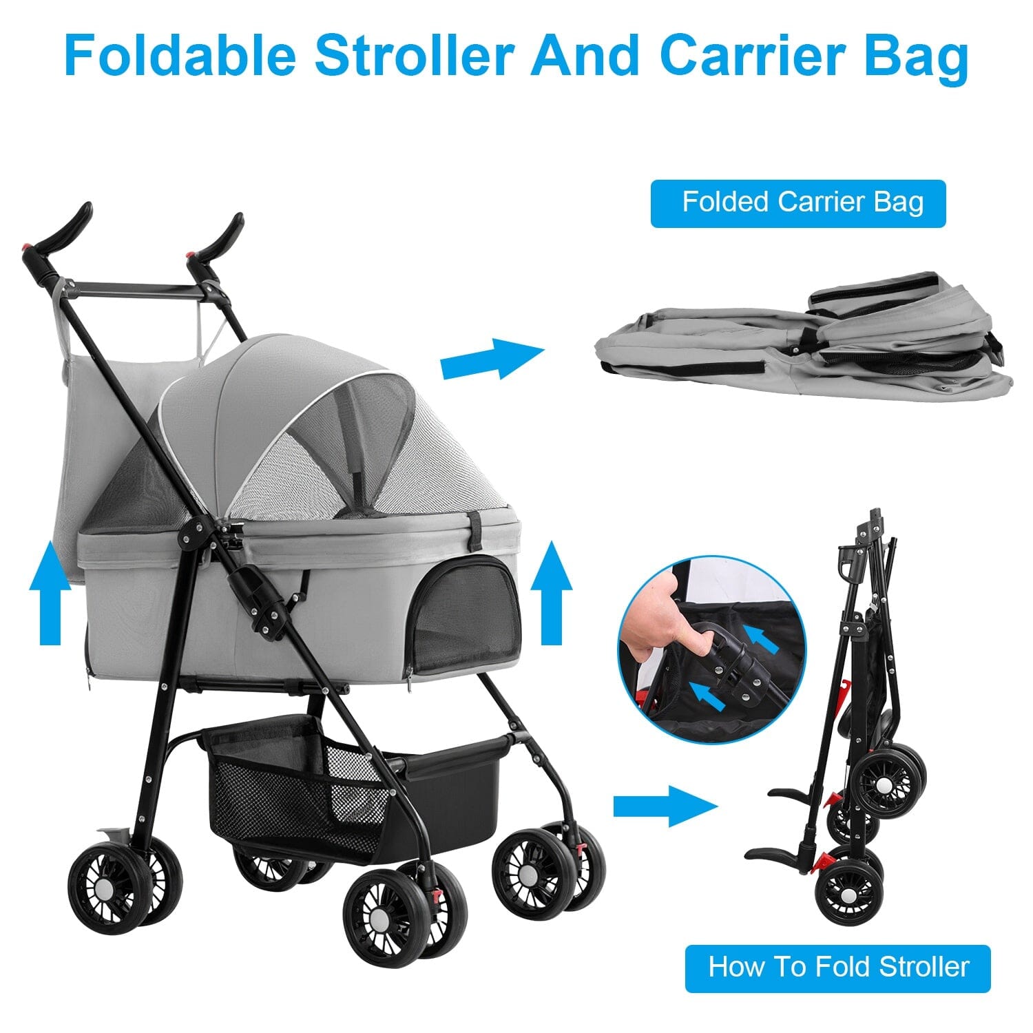 4 Wheels Pet Stroller Foldable with Removable Liner Storage Basket Pet Supplies - DailySale