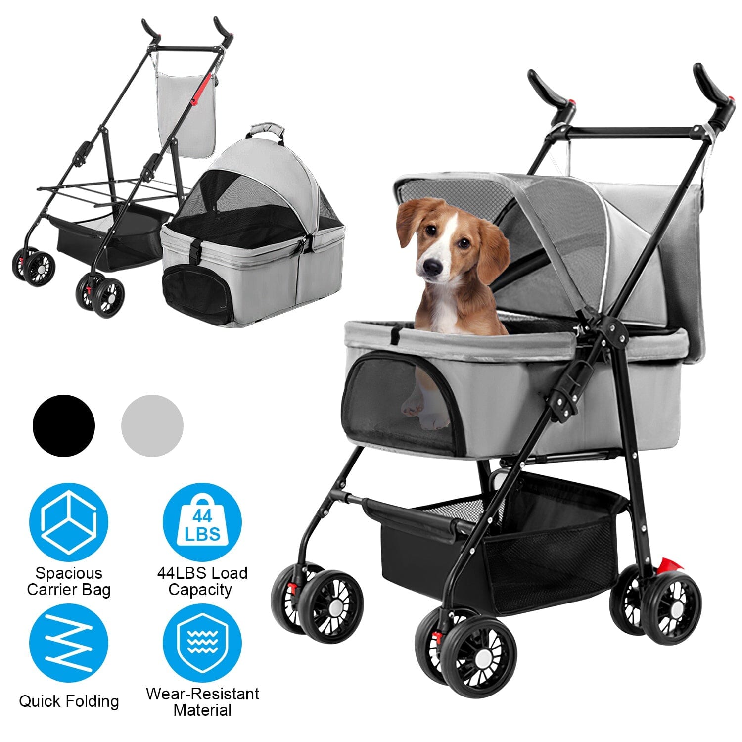 4 Wheels Pet Stroller Foldable with Removable Liner Storage Basket Pet Supplies - DailySale