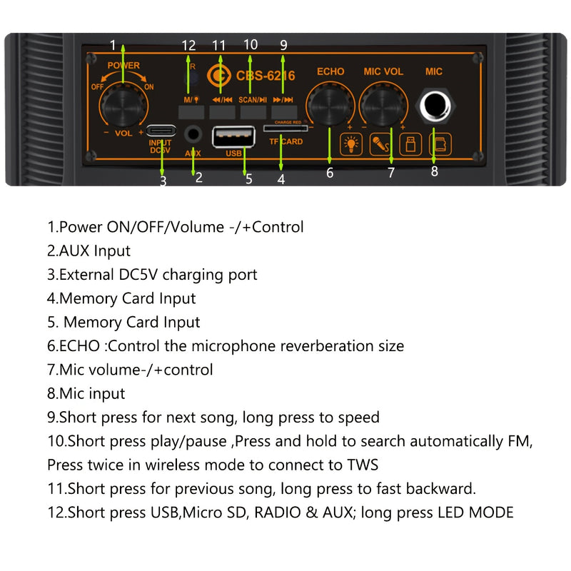 Portable Bluetooth Speaker with Subwoofer Bass, Dual 6.5" LED Woofers and Microphone