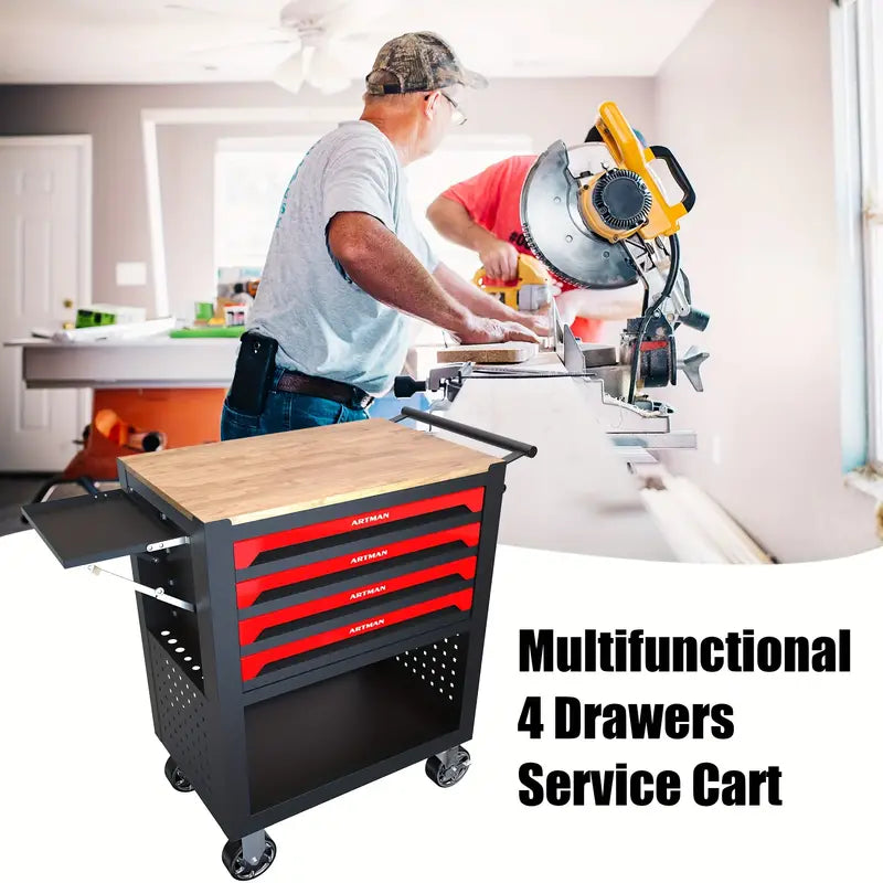 4 Drawers Multifunctional Tool Cart With Wheels And Wooden Top