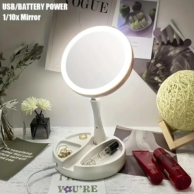 LED Vanity Mirror with Storage Tray, Dual-Sided 1X & 10X Magnification