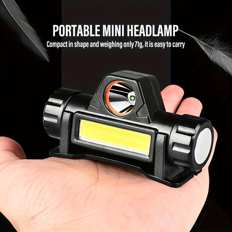 Portable mini COB LED headlamp held in hand, weighs 71g