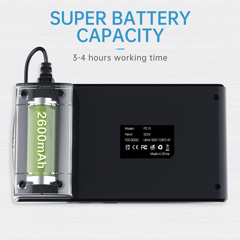 2600 mAh battery, 3 to 4 hours working time