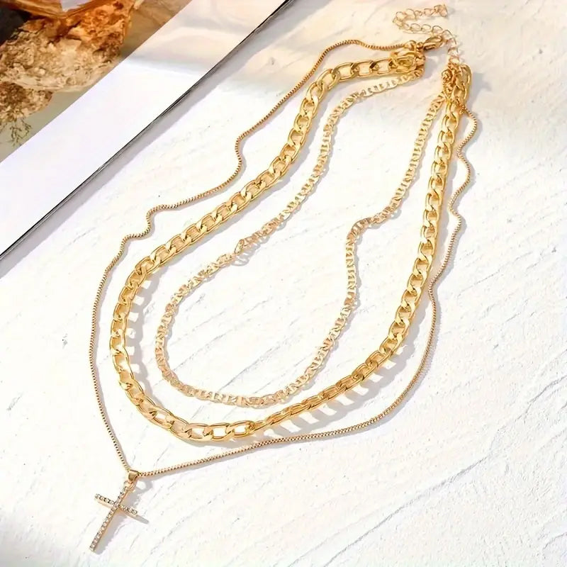 3-Piece: Women's Retro Luxury Artificial Crystal Cross Stackable Necklace Set