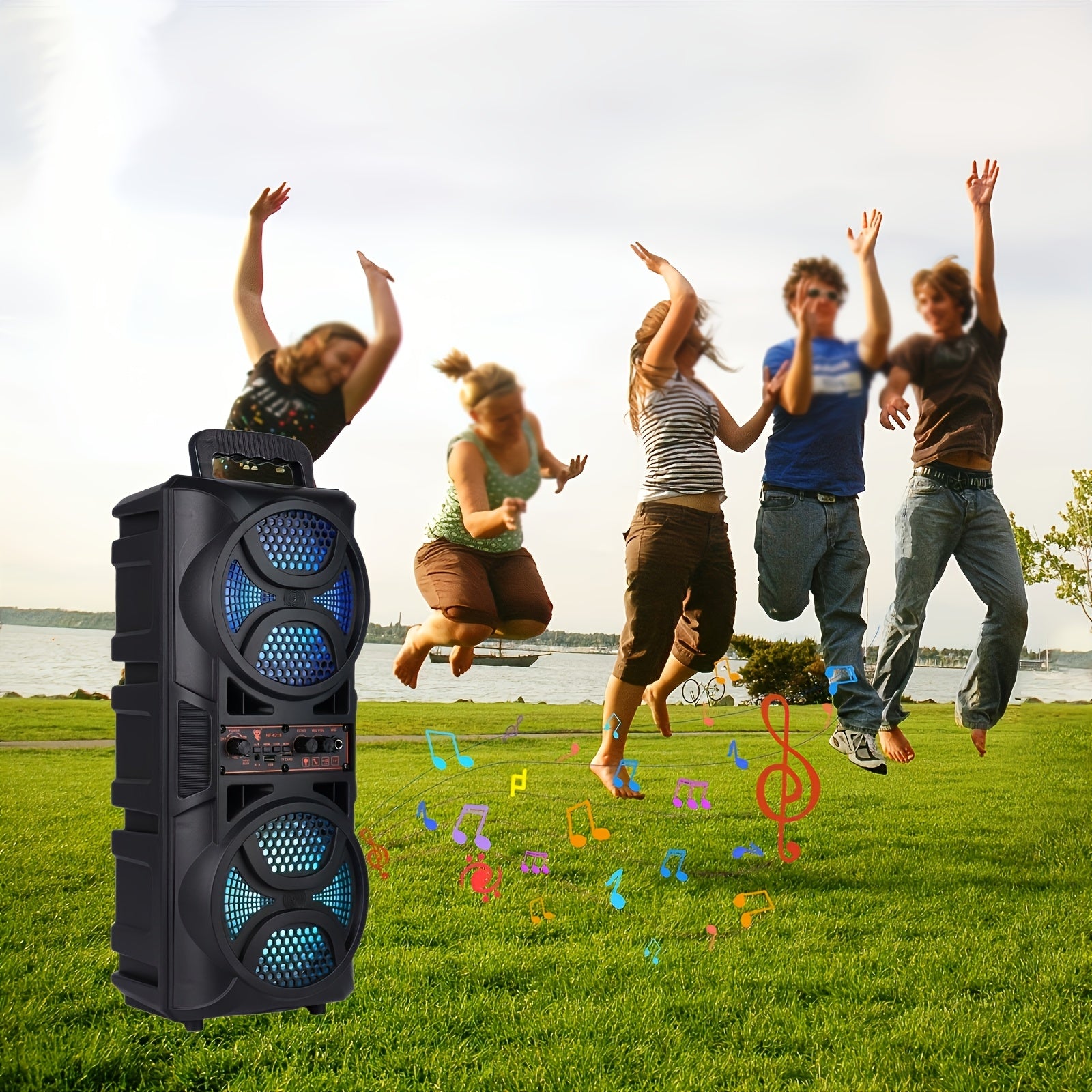 Portable Bluetooth Speaker with Subwoofer Bass, Dual 6.5" LED Woofers and Microphone