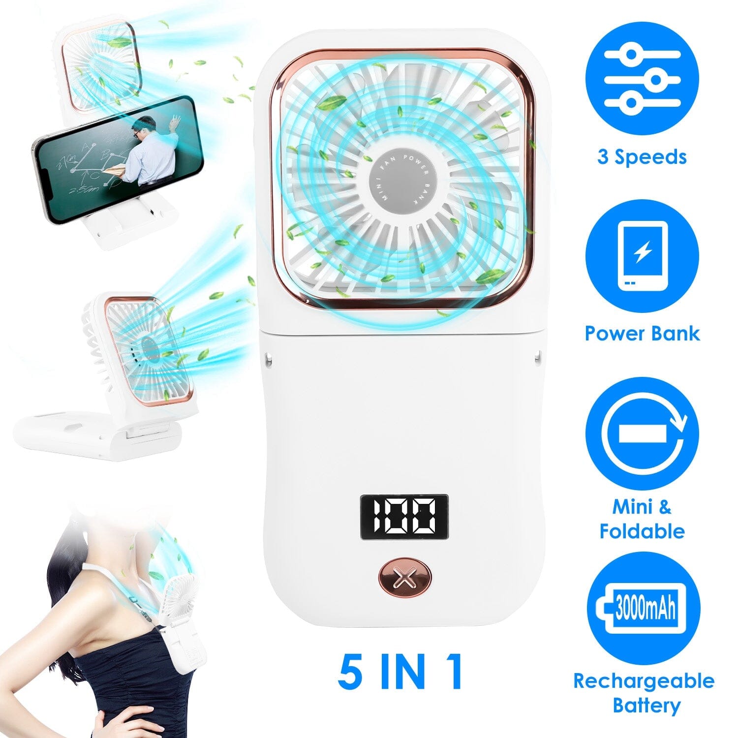 5-in-1 Folding Rechargeable Hands Free Mini Fan Household Appliances - DailySale