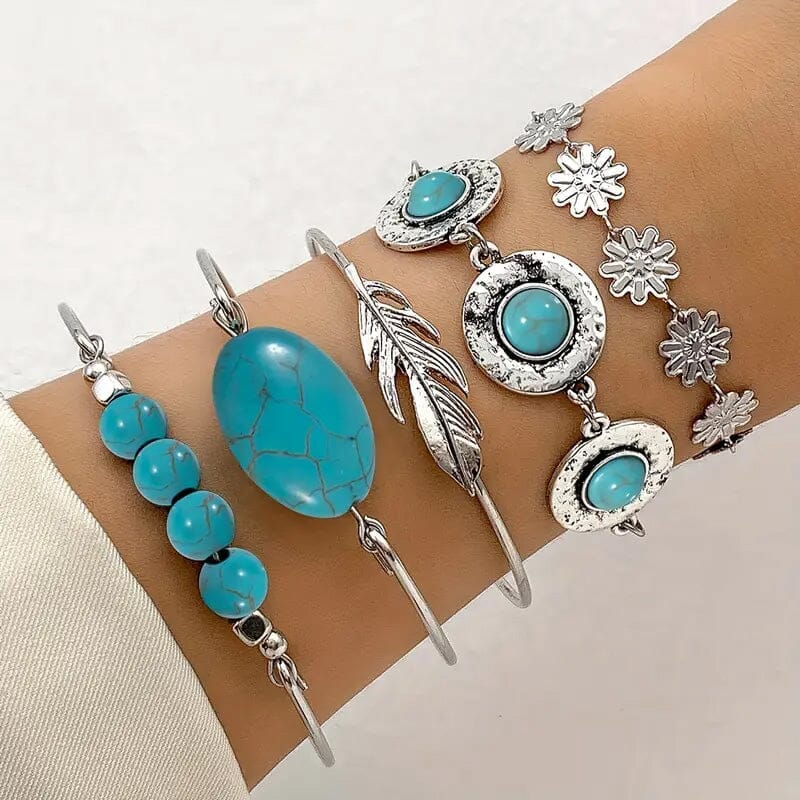 5-Piece Set: Retro Turquoise Inlaid Bracelet Bracelets - DailySale