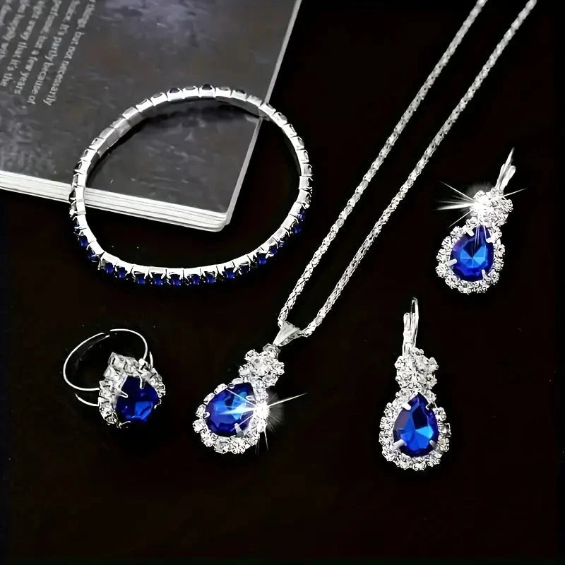 5-Piece Set: Stylish Jewelry Set for Women, Pair of Earrings, Necklace, Ring and Bracelet Adorned with Glass Accents Necklaces - DailySale