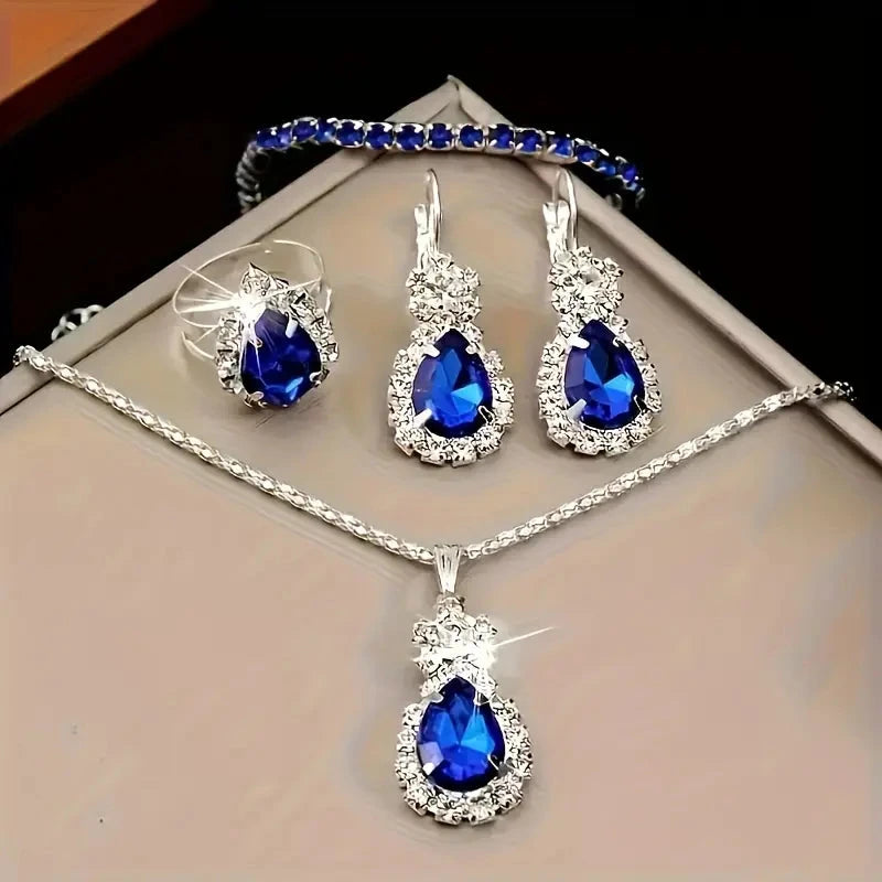 5-Piece Set: Stylish Jewelry Set for Women, Pair of Earrings, Necklace, Ring and Bracelet Adorned with Glass Accents Necklaces - DailySale