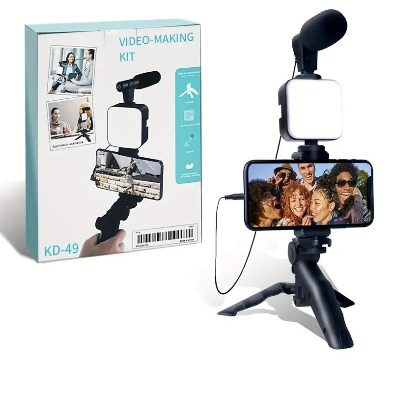 Beginner Video Blogging Kit with a 10-inch Tripod, Phone Holder, and Mini Shotgun Microphone