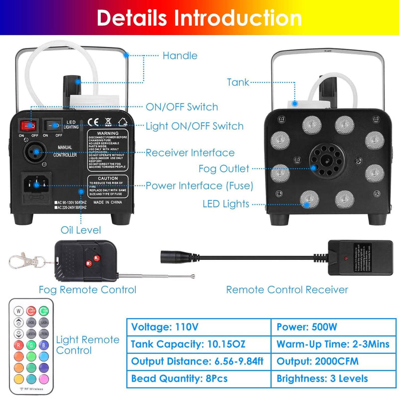 500W Fog Machine 2000CFM Colorful Smoke Machine with 8-Pieces LEDs 5 Lighting Effects 3-Level Brightness Holiday Decor & Apparel - DailySale