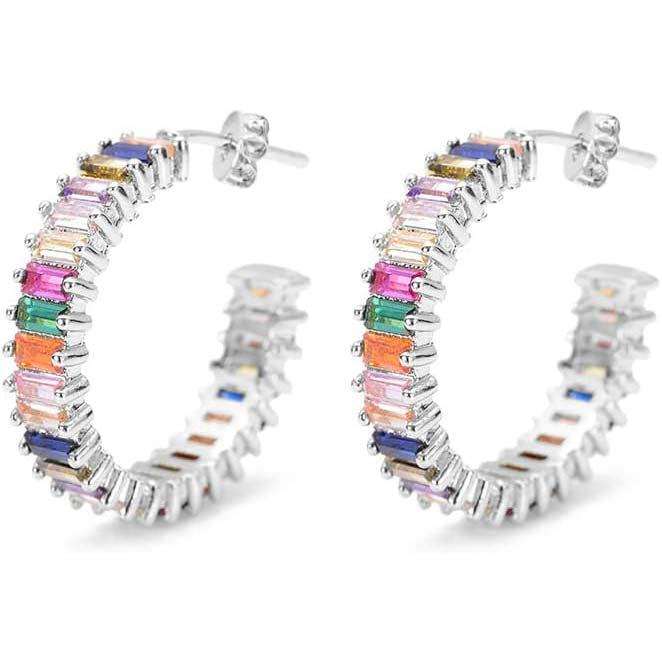 14K Gold Plated Cubic Zirconia Multicolor Rainbow Round Hoop Stud Earrings