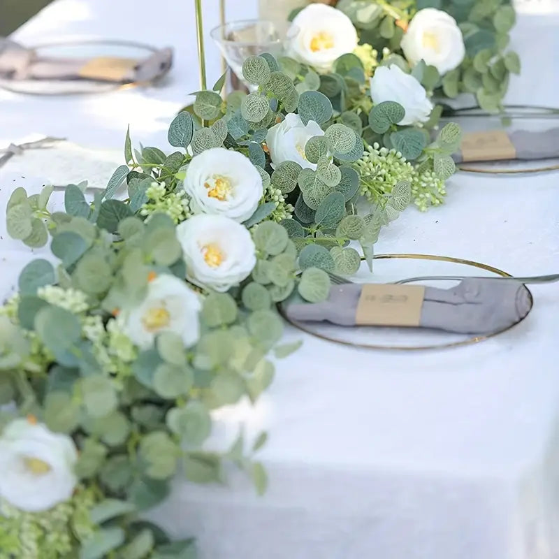 Artificial Eucalyptus Garland With Fake Roses & Gypsophila, Faux Floral Greenery