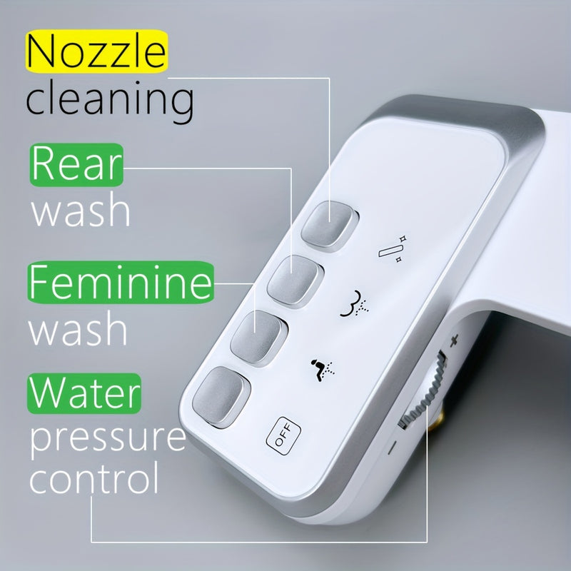 Bidet controls: nozzle cleaning, rear wash, feminine wash and water pressure dial