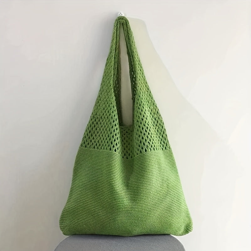 Olive green crochet knit mesh tote shoulder bag