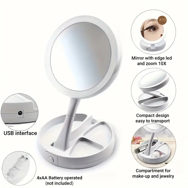 Foldable LED Vanity Mirror With Storage Box, Double-sided 1X & 10X Magnifying Retractable Mirror