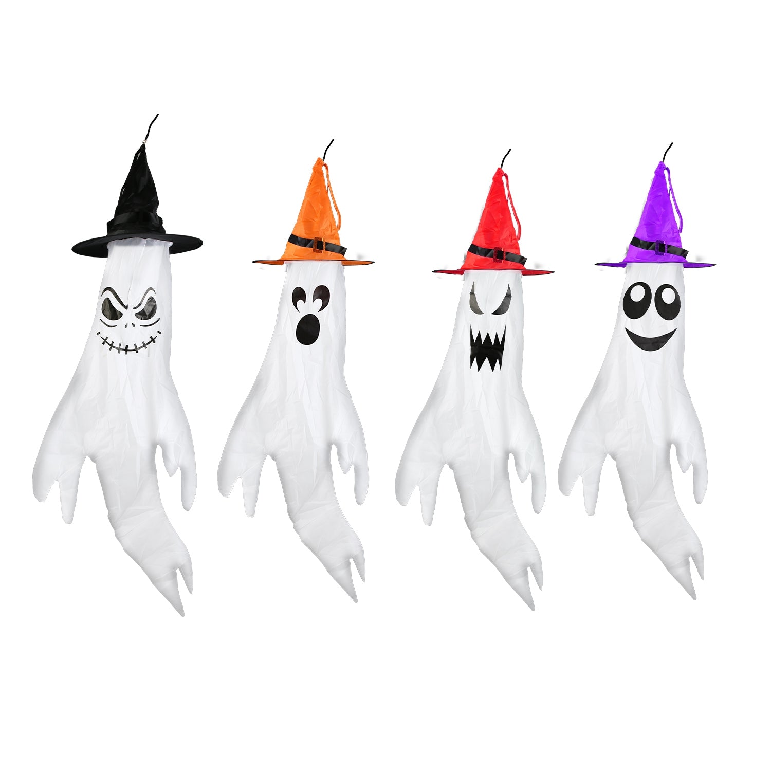 4-Pieces: Halloween Ghosts with Witch Hats Windsocks Hanging Decoration with Colorful LED Light