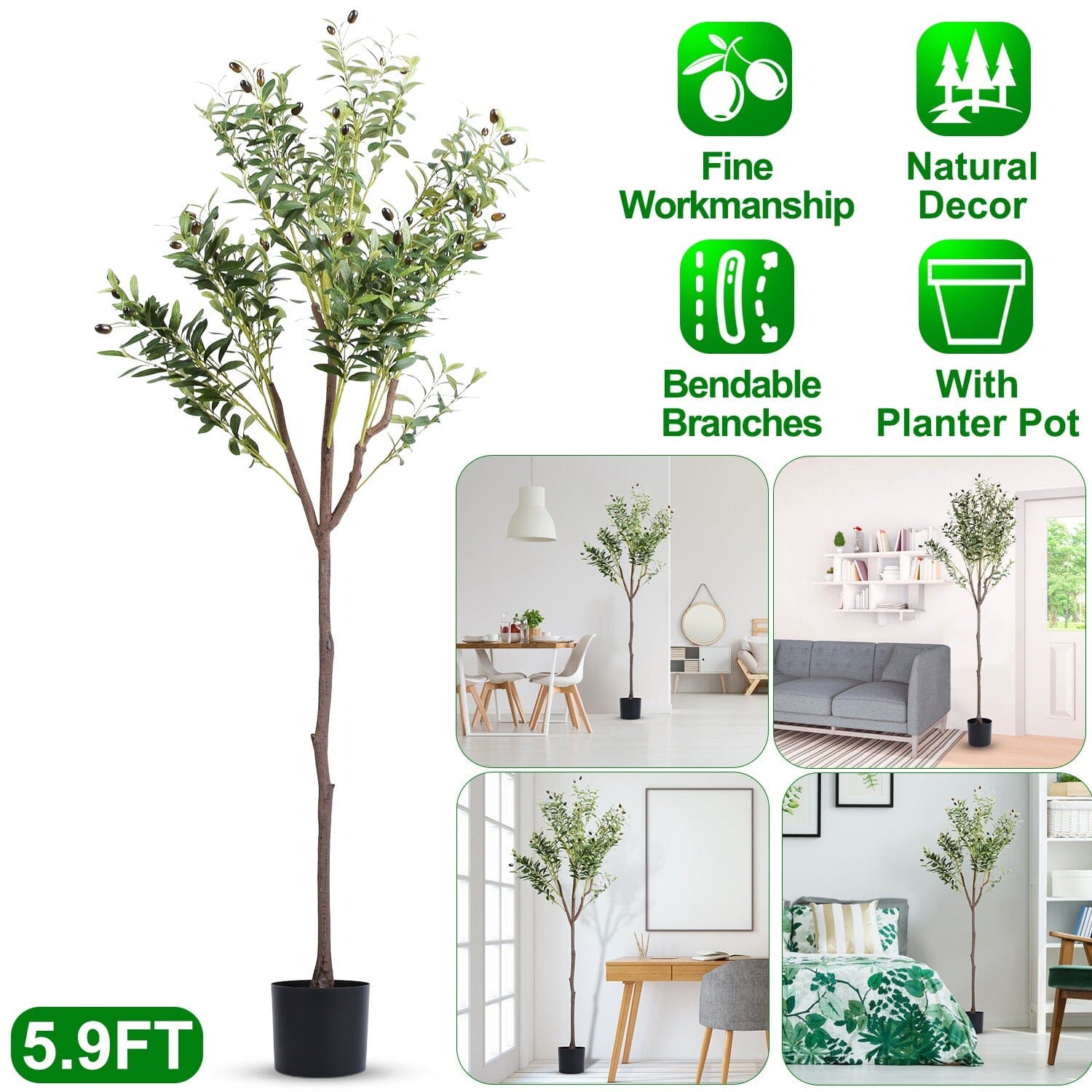 5.9ft Artificial Olive Tree with Lush Olive Branches and Fruits with Black Planter Pot Garden & Patio - DailySale