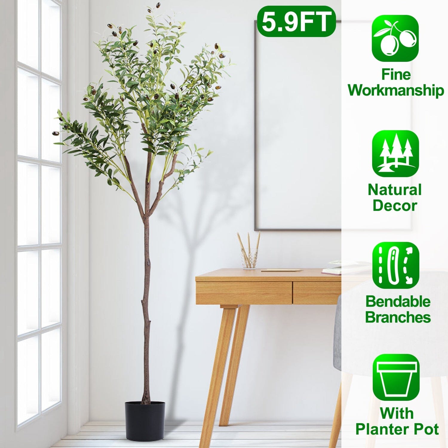 5.9ft Artificial Olive Tree with Lush Olive Branches and Fruits with Black Planter Pot Garden & Patio - DailySale