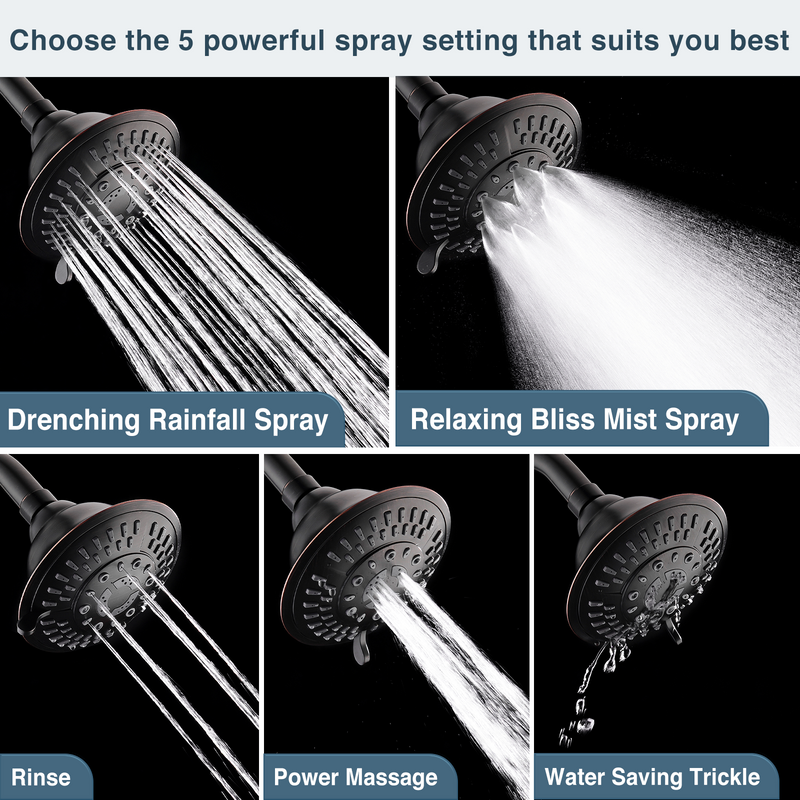 High Pressure 5-Spray Fixed Shower Head, Angle Adjustable
