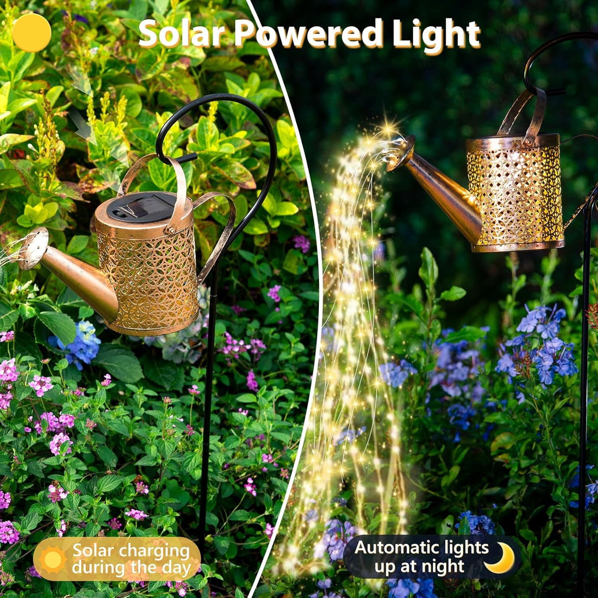 Two watering can lights among flowers, solar powered
