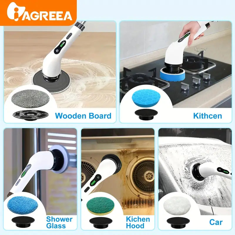 Electric Rotary Scrubber with Replaceable 8 Brush Heads and Adjustable Extension Handle