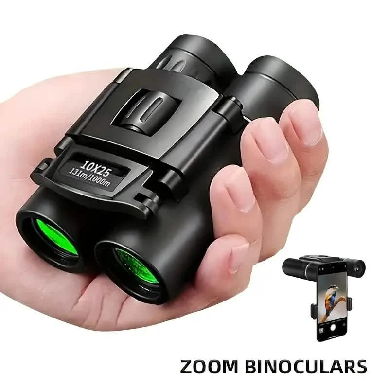High Powered Mini Pocket Binoculars 10x25 with Phone Adapter – Compact, Lightweight, Portable – Black