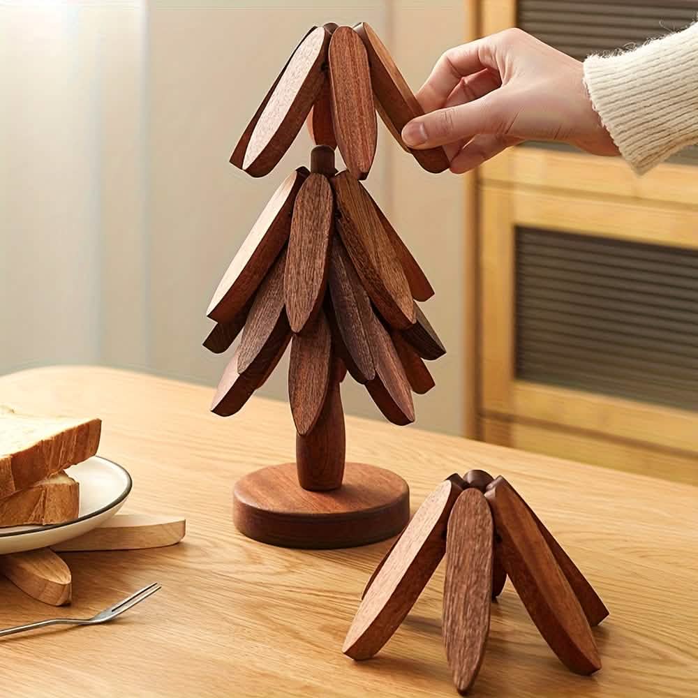 Solid Wood Heat-Resistant Table Mats – Tree-Shaped Coasters Set