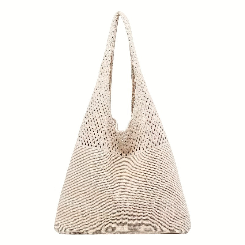 Cream crochet knit mesh tote shoulder bag