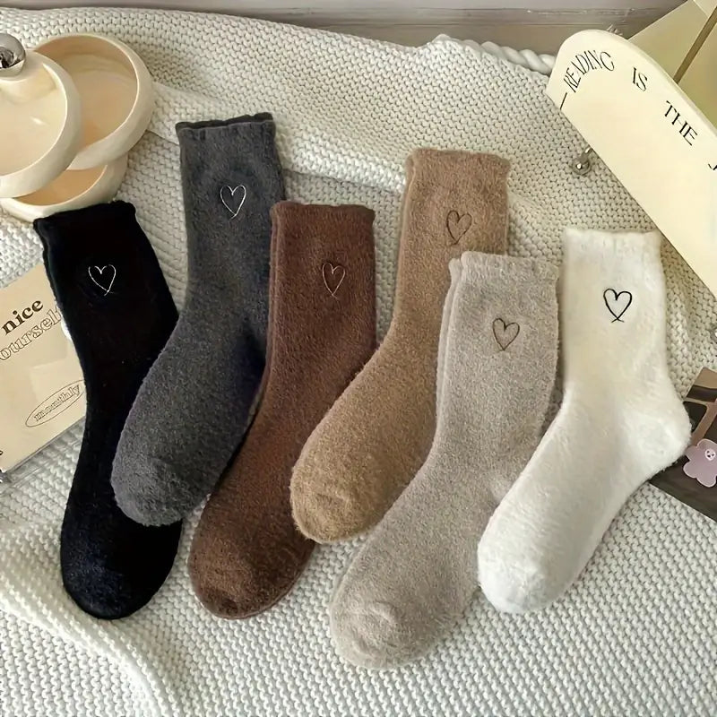 6-Pairs: Ultra Comfy Heart Embroidery Fuzzy Socks, Warm Women's Stockings & Hosiery for Cold Weather Women's Shoes & Accessories - DailySale