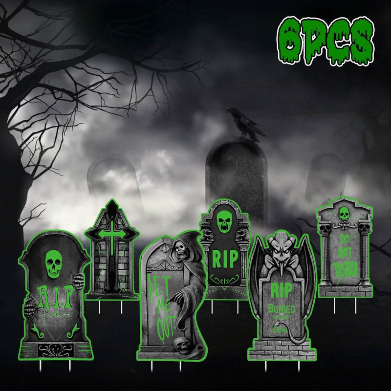 6-Pieces: Glow in the Dark Halloween Yard Sign Decorations with 12 Stakes Holiday Decor & Apparel - DailySale