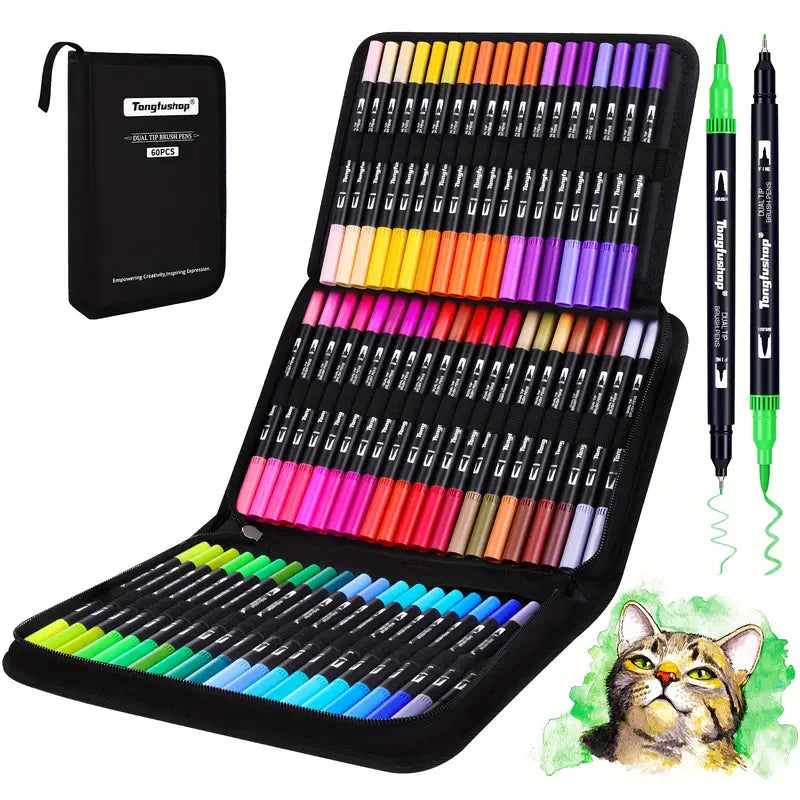 60-Piece Set: Dual Tip Brush Marker Set with Brush & Fineliner Pens Arts & Crafts - DailySale