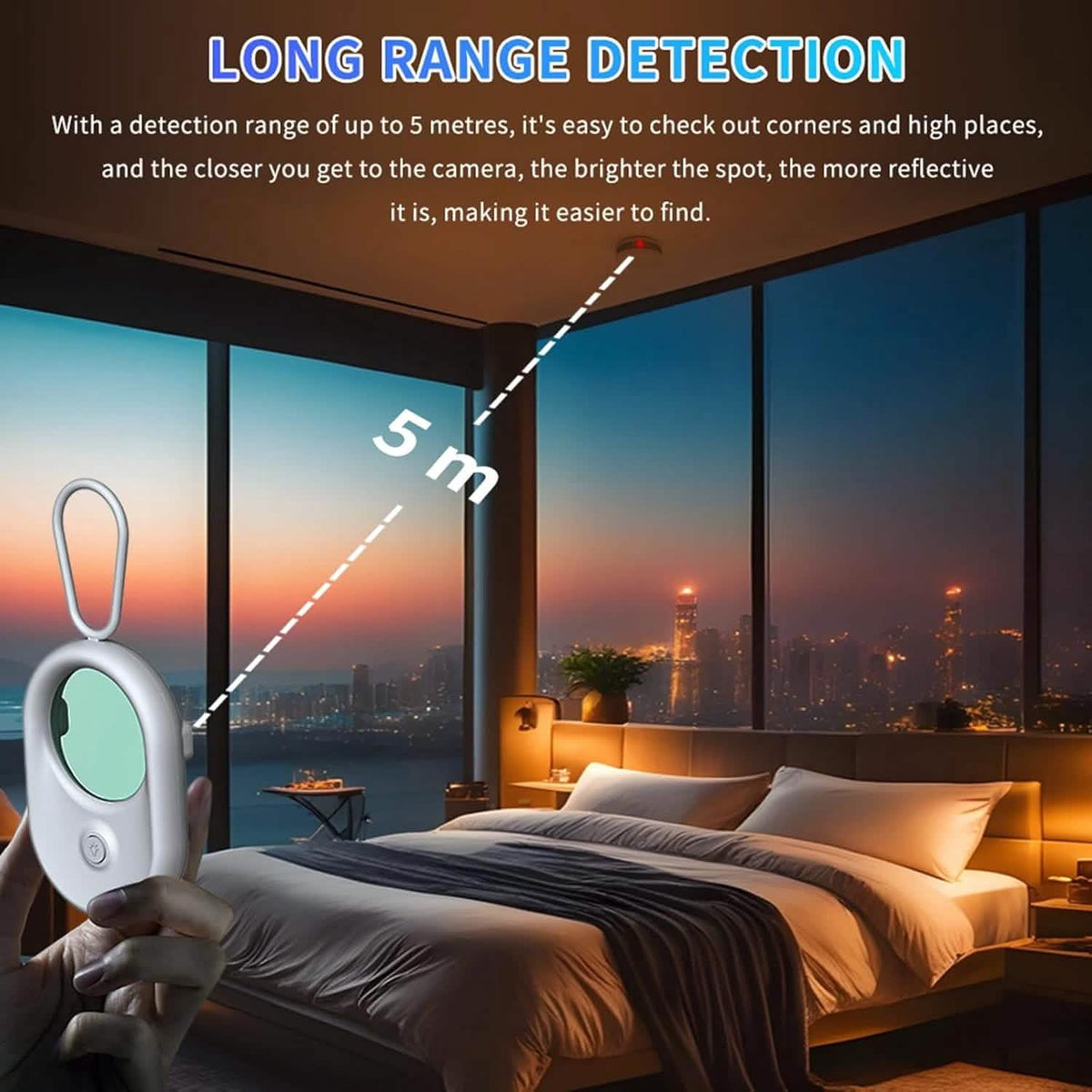 Long range detection up to 5 meters, scanning a hotel room